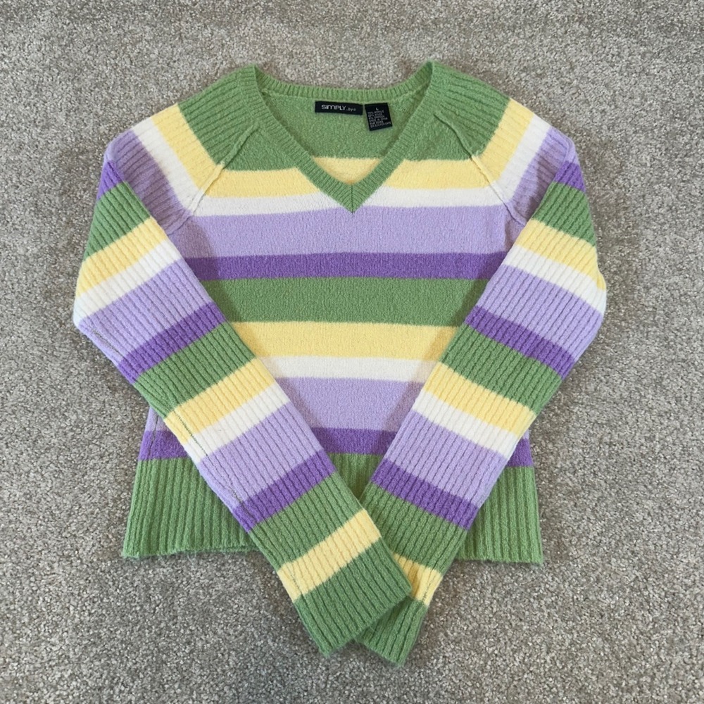 Simply bye Womens Striped V-Neck Sweater Green Purple Yellow Size L Y2k Vtg